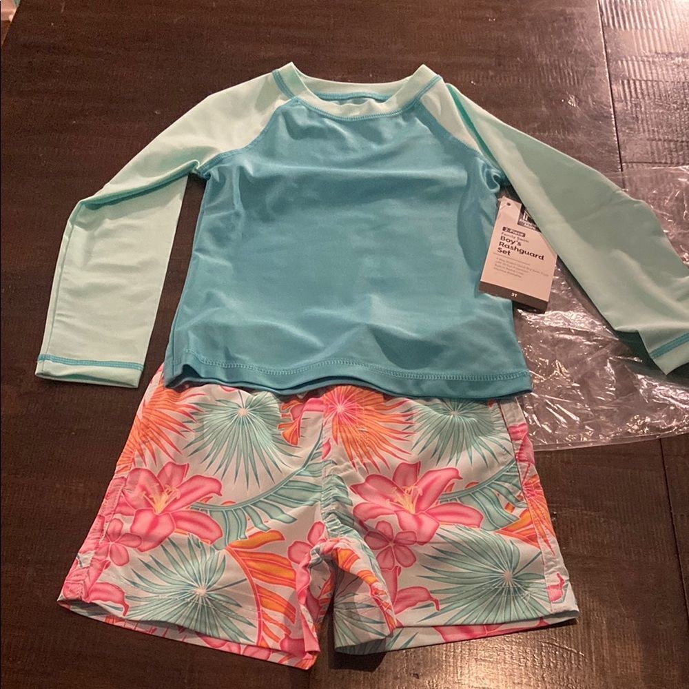 Kids Swim Rash Guard Set - Aqua and Floral Design 3T